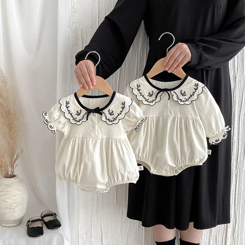 BW Embroidered Turn Down Collar Romper