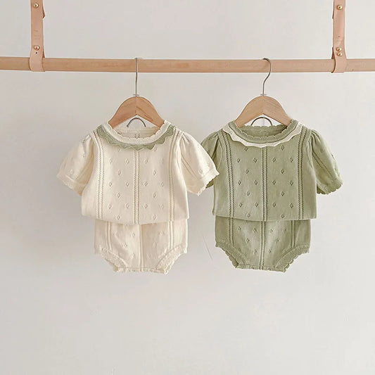 Hollow Out Knit Tee and Short Suit