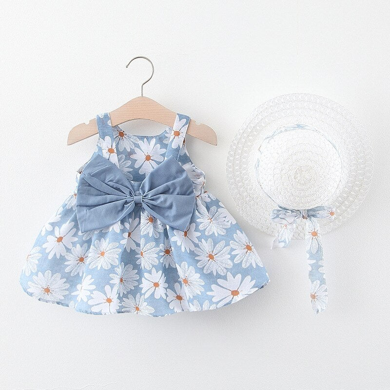 2 Piece Cotton Flower Sleeveless Dress & Bow Hat - 24-36m - CLEARANCE