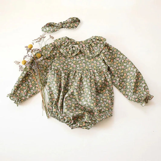 Spring Cotton Long Sleeve Romper with Headband