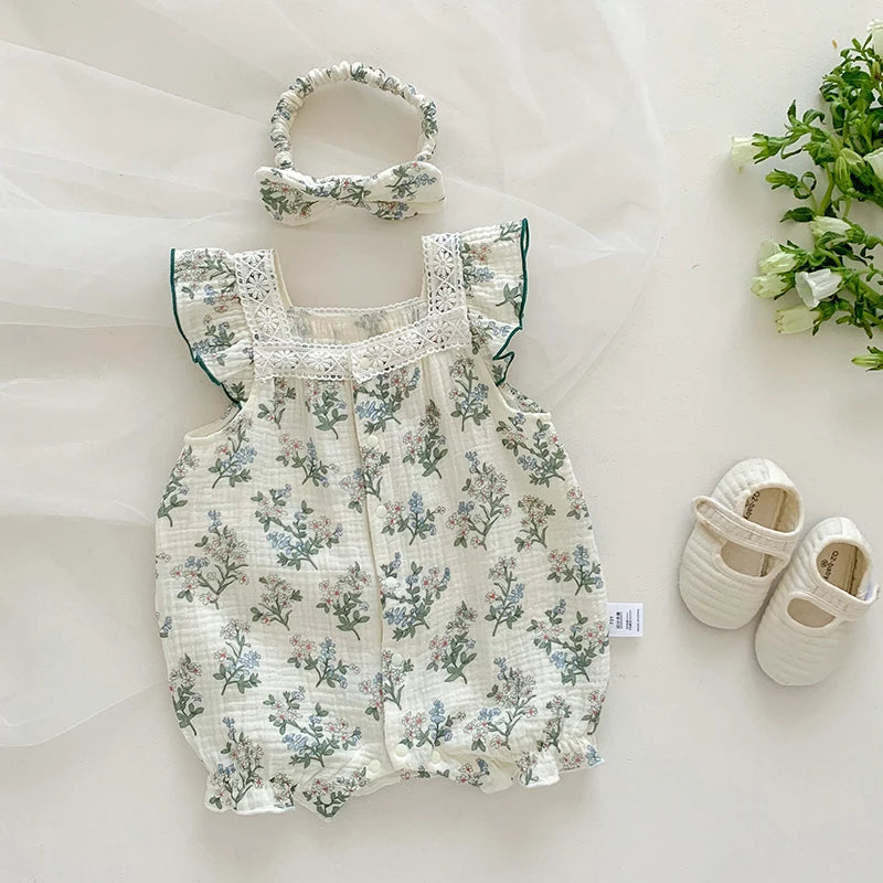 Green Floral Romper with Headband