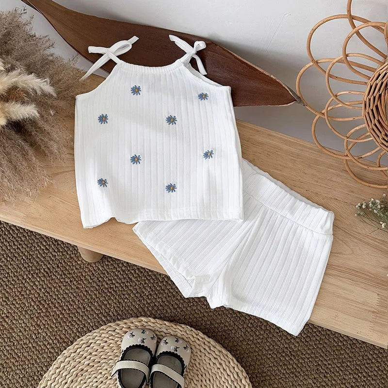 Embroidered Daisy Casual Top and Short Set