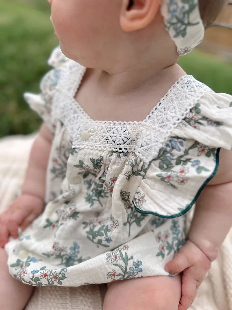 Green Floral Romper with Headband