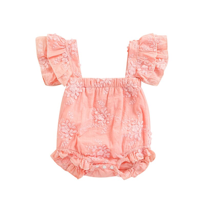 Embroidered Flower Pattern Ruffle Sleeveless Square Neck Romper - Pink - 12m - CLEARANCE