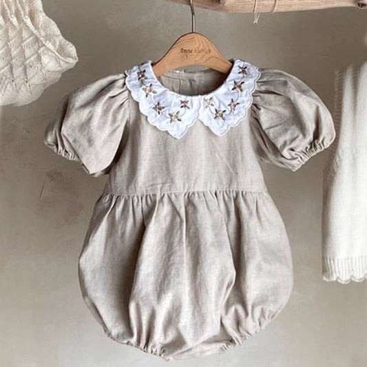 Vintage Embroidery Flower Puff Sleeve Onesie