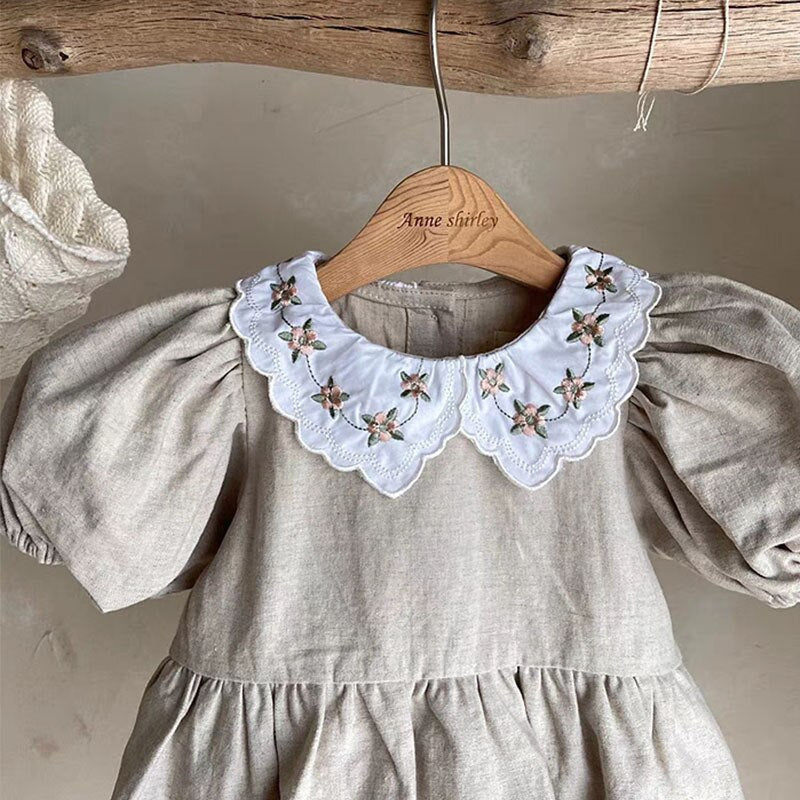 Vintage Embroidery Flower Puff Sleeve Onesie