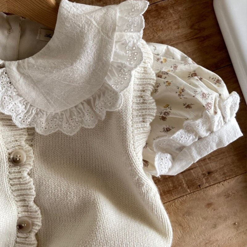 Vintage Embroidery Flower Puff Sleeve Onesie