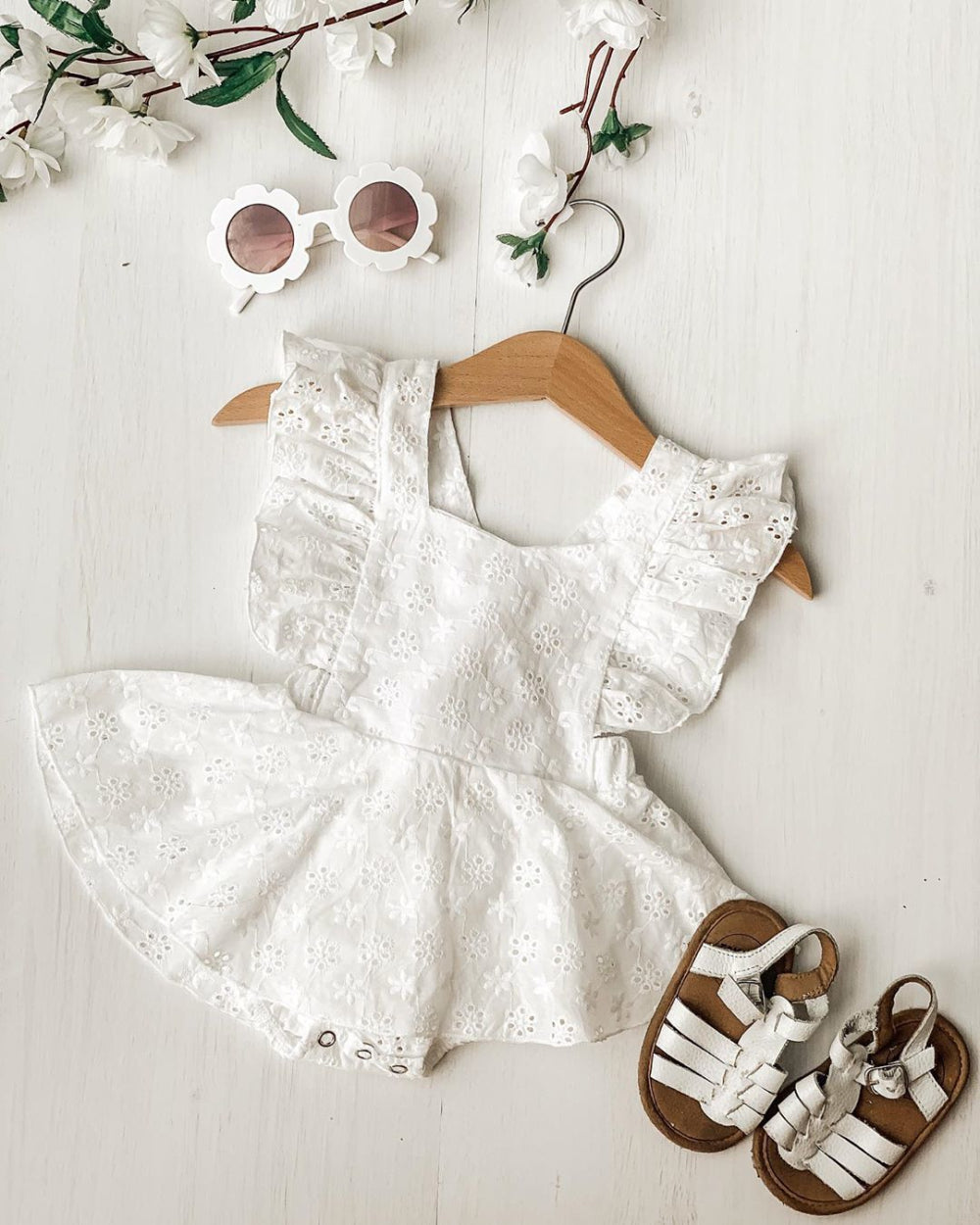 Lace Ruffled Romper Dress - White - 12M - CLEARANCE