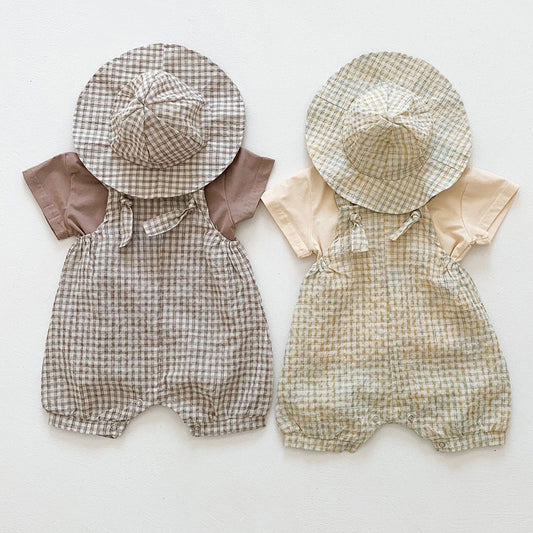 Summer T-shirt and Lattice Jumpsuit and Hat Combo - Brown - 6m - CLEARANCE