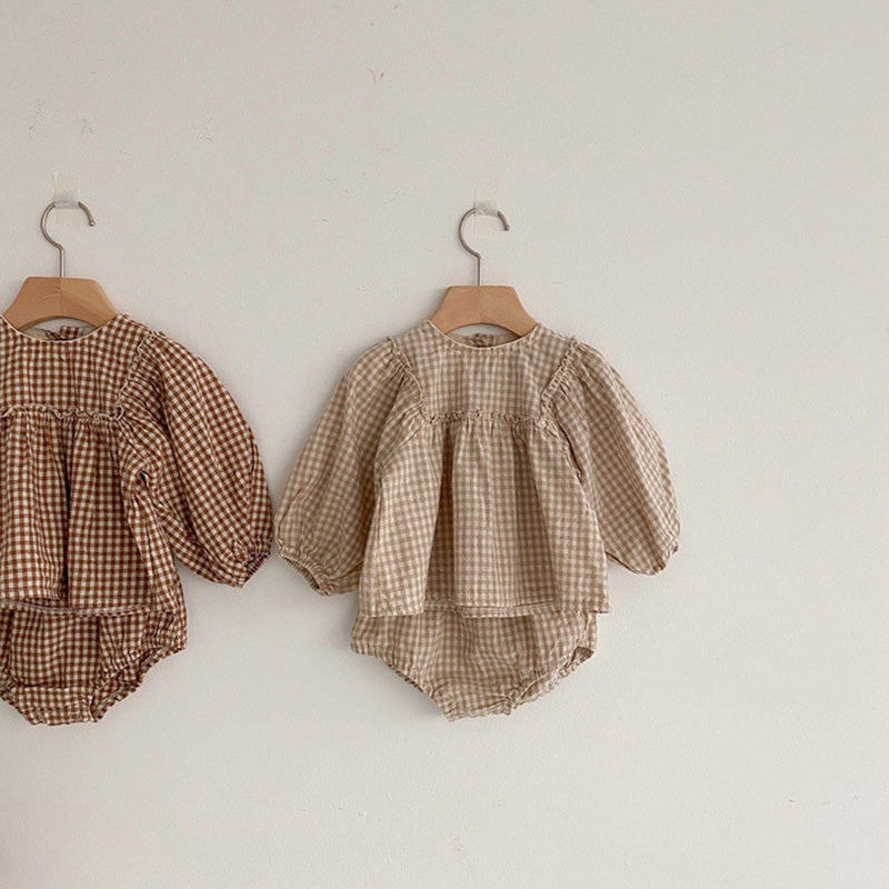 Plaid Puff Sleeve Blouse and Bloomer Set