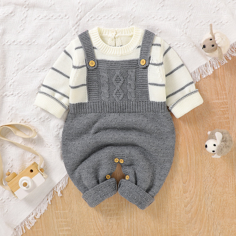 Long Sleeve Knitted Baby Romper - Grey & Caramel - Multiple Sizes - CLEARANCE