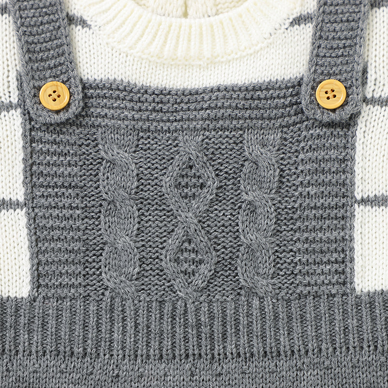 Long Sleeve Knitted Baby Romper - Grey & Caramel - Multiple Sizes - CLEARANCE