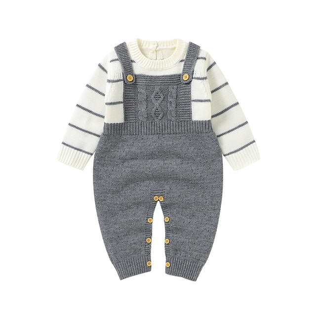 Long Sleeve Knitted Baby Romper - Grey & Caramel - Multiple Sizes - CLEARANCE