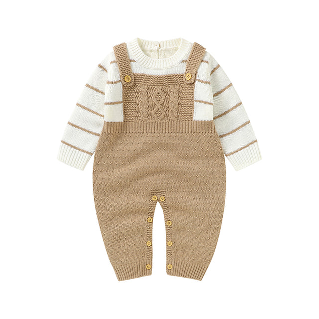 Long Sleeve Knitted Baby Romper - Grey & Caramel - Multiple Sizes - CLEARANCE