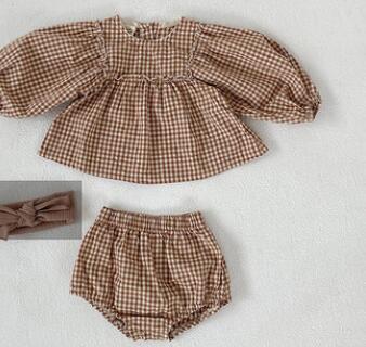 Plaid Puff Sleeve Blouse and Bloomer Set