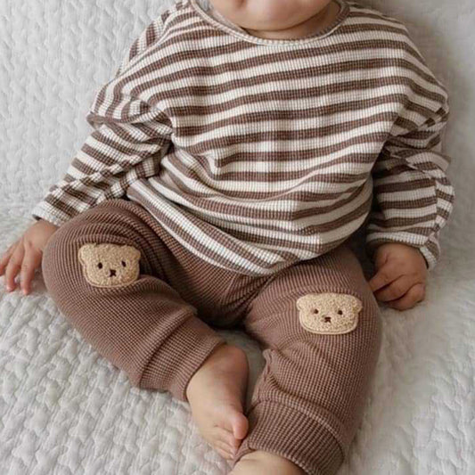 NEW Baby Boys Waffle Striped Top and Bear Bottoms