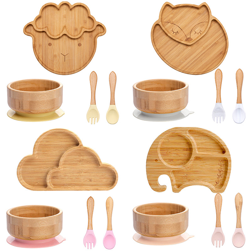 4 Piece Suction Bamboo Plate and Bowl Set