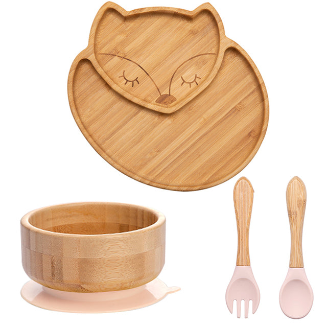 4 Piece Suction Bamboo Plate and Bowl Set