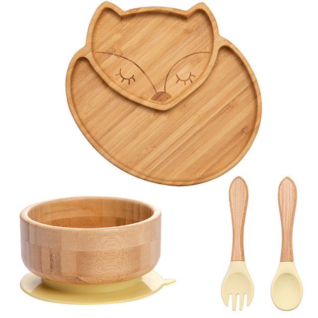 4 Piece Suction Bamboo Plate and Bowl Set