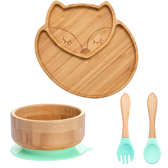 4 Piece Suction Bamboo Plate and Bowl Set