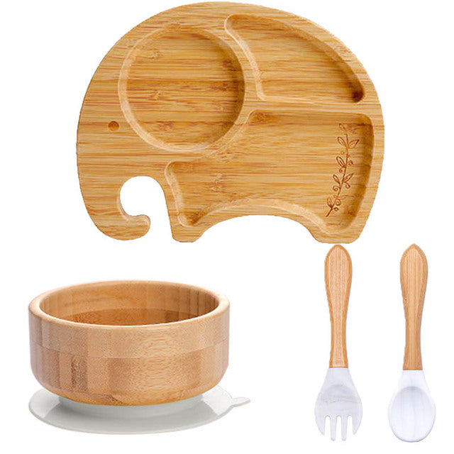 4 Piece Suction Bamboo Plate and Bowl Set