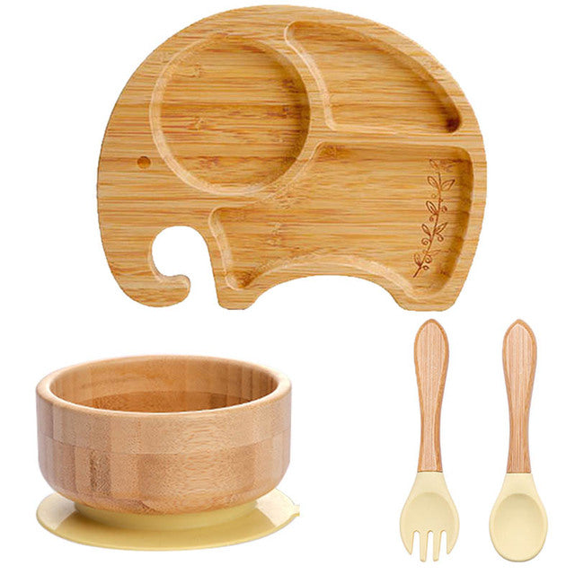 4 Piece Suction Bamboo Plate and Bowl Set