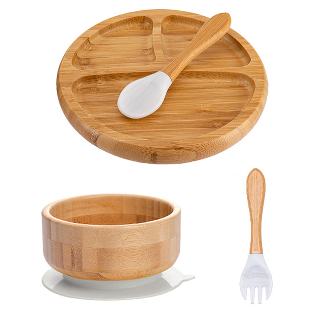 4 Piece Suction Bamboo Plate and Bowl Set