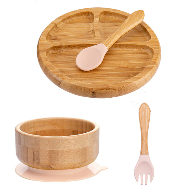 4 Piece Suction Bamboo Plate and Bowl Set