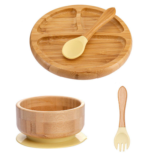 4 Piece Suction Bamboo Plate and Bowl Set