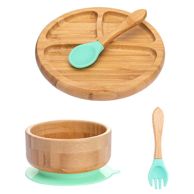 4 Piece Suction Bamboo Plate and Bowl Set