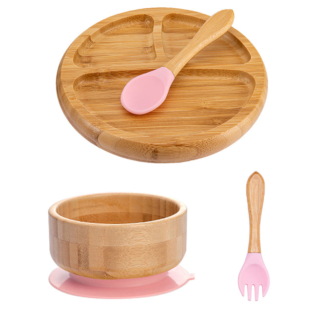 4 Piece Suction Bamboo Plate and Bowl Set